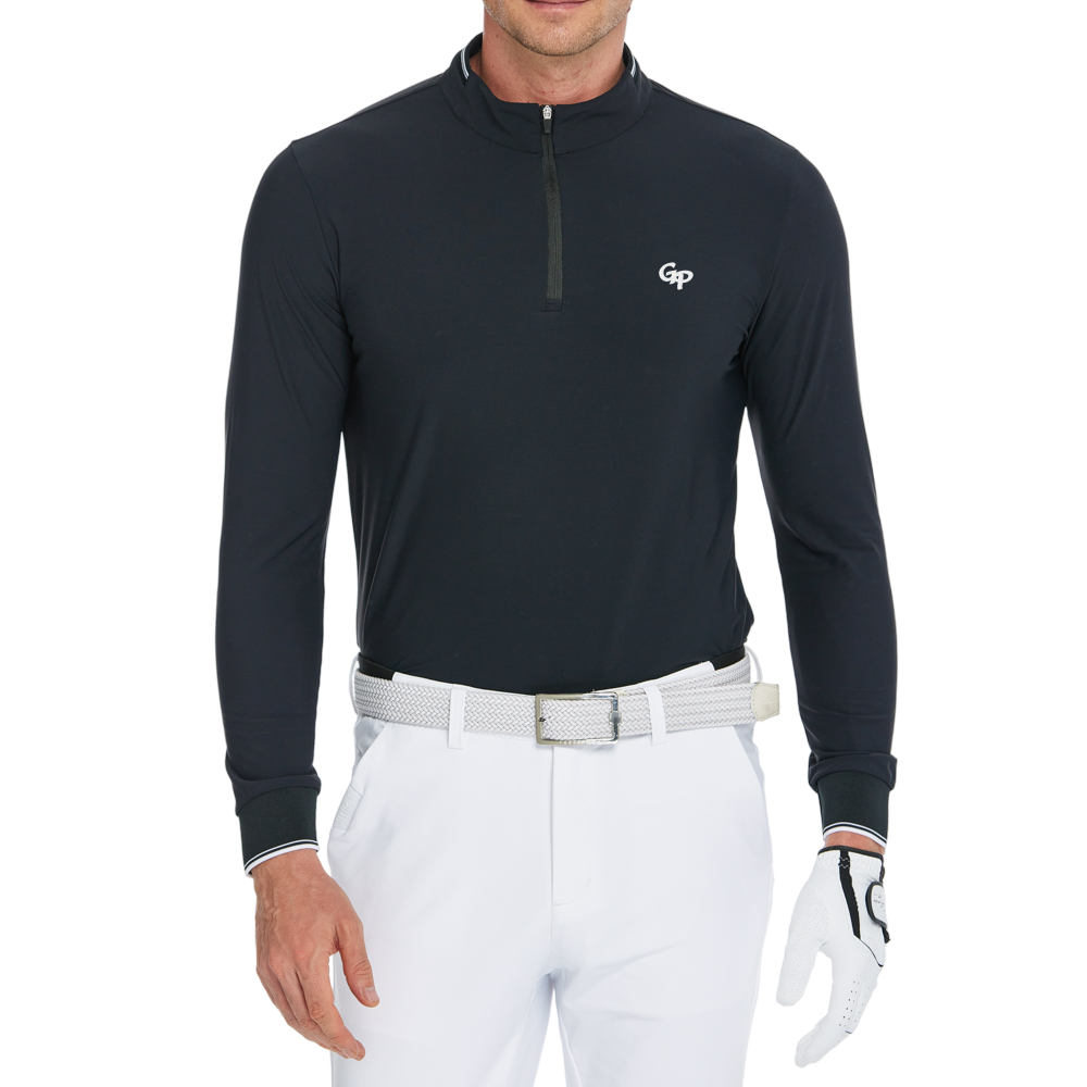 男消光磨毛彈性布立領長袖(黑)