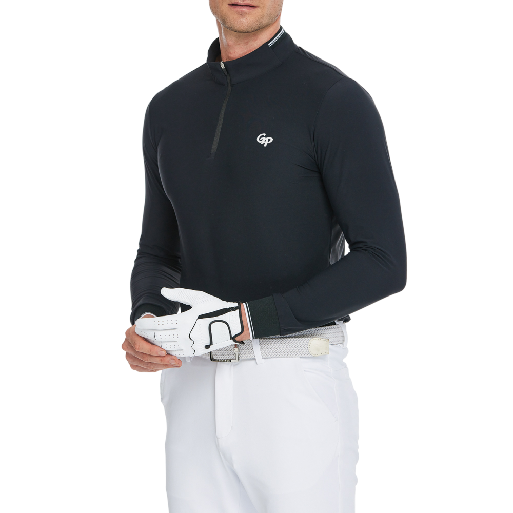 男消光磨毛彈性布立領長袖(黑)