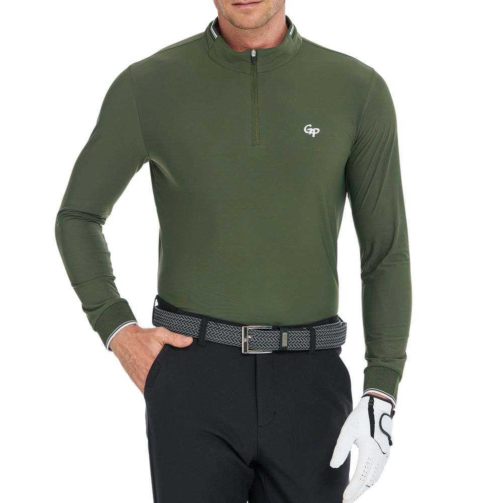 男消光磨毛彈性布立領長袖(軍綠)