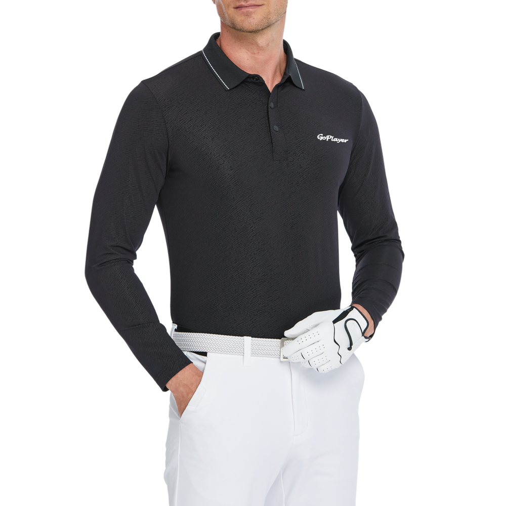 Men's Dark Pattern Jacquard Polo Collar Long Sleeve (Black)