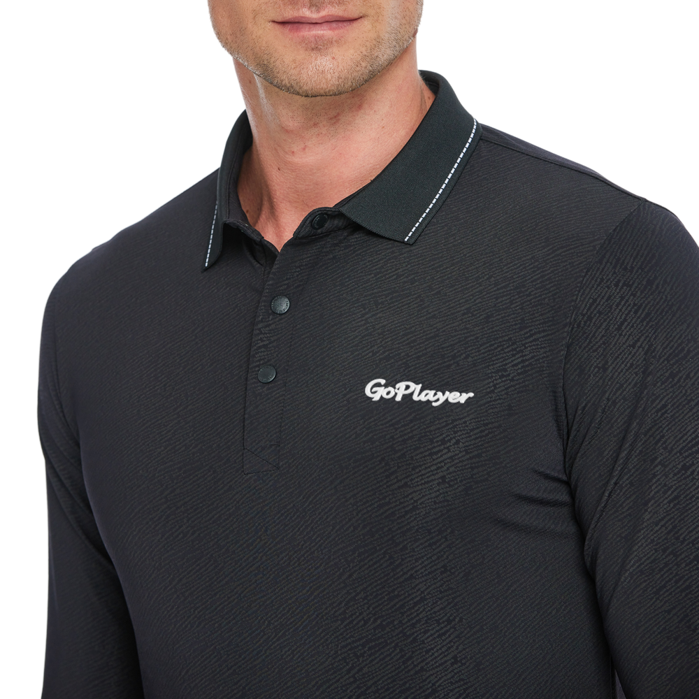 男暗紋提花POLO領長袖(黑)