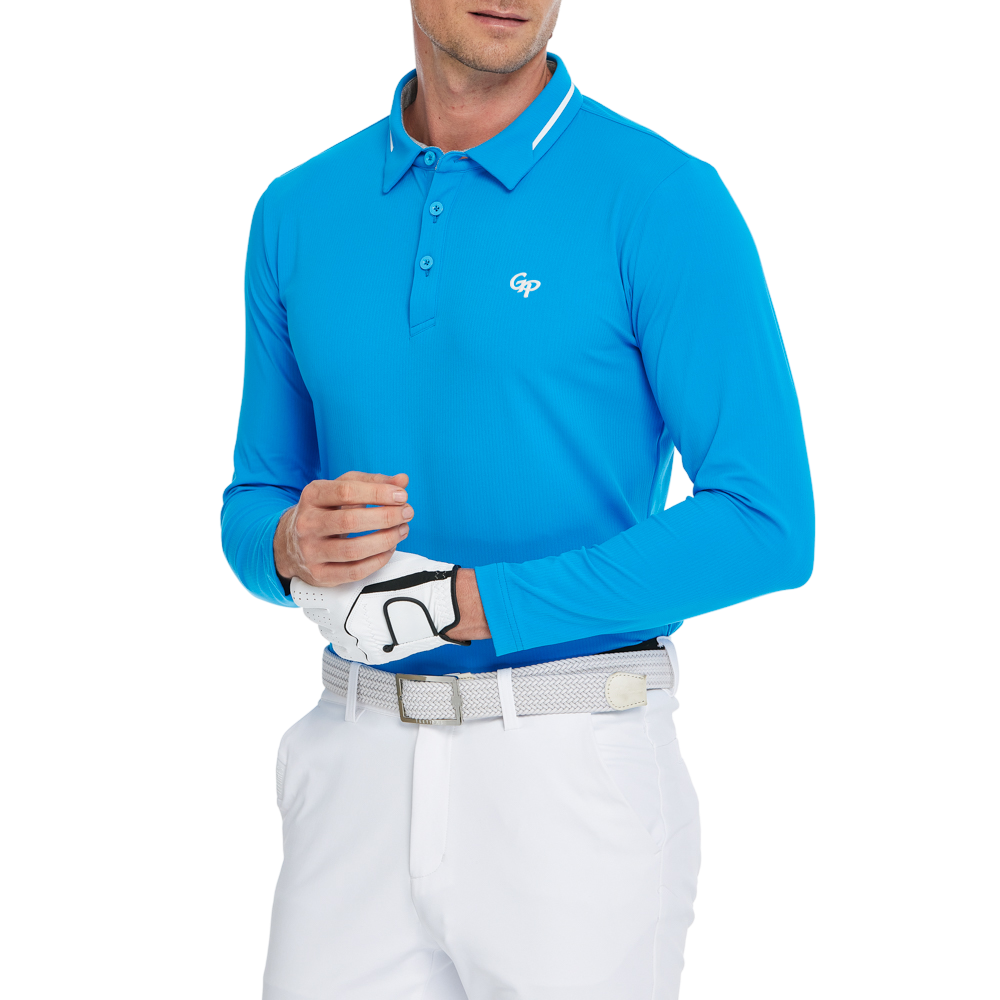 男棉感豎條翻領長袖(彩藍)