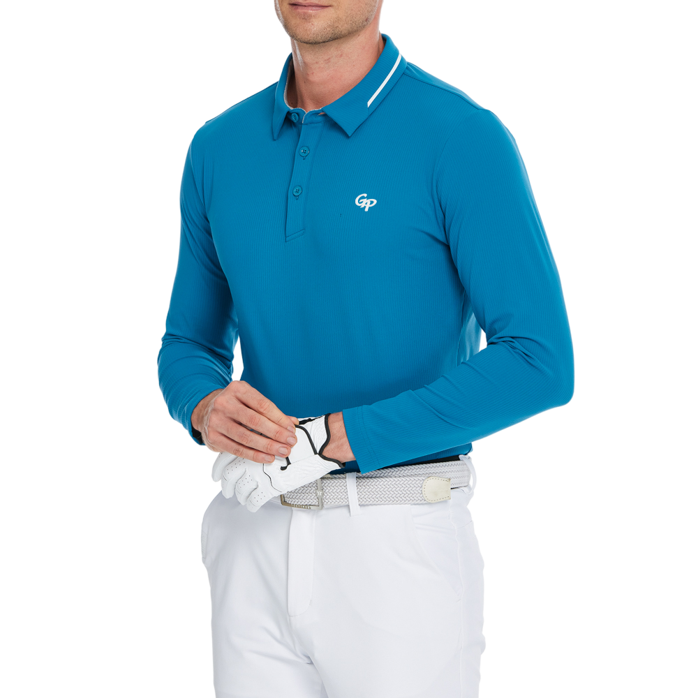 男棉感豎條翻領長袖(墨藍)