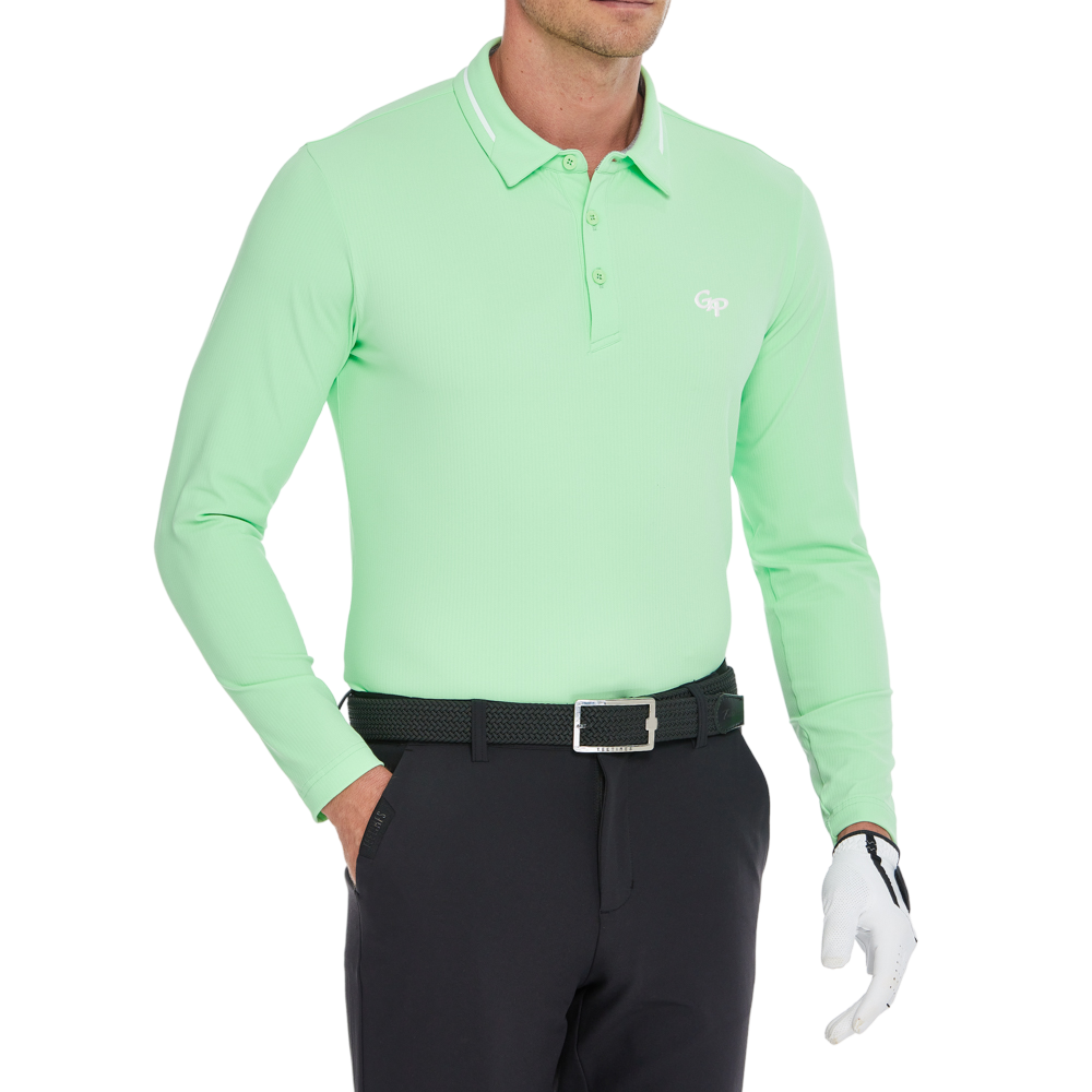 男棉感豎條翻領長袖(果綠)