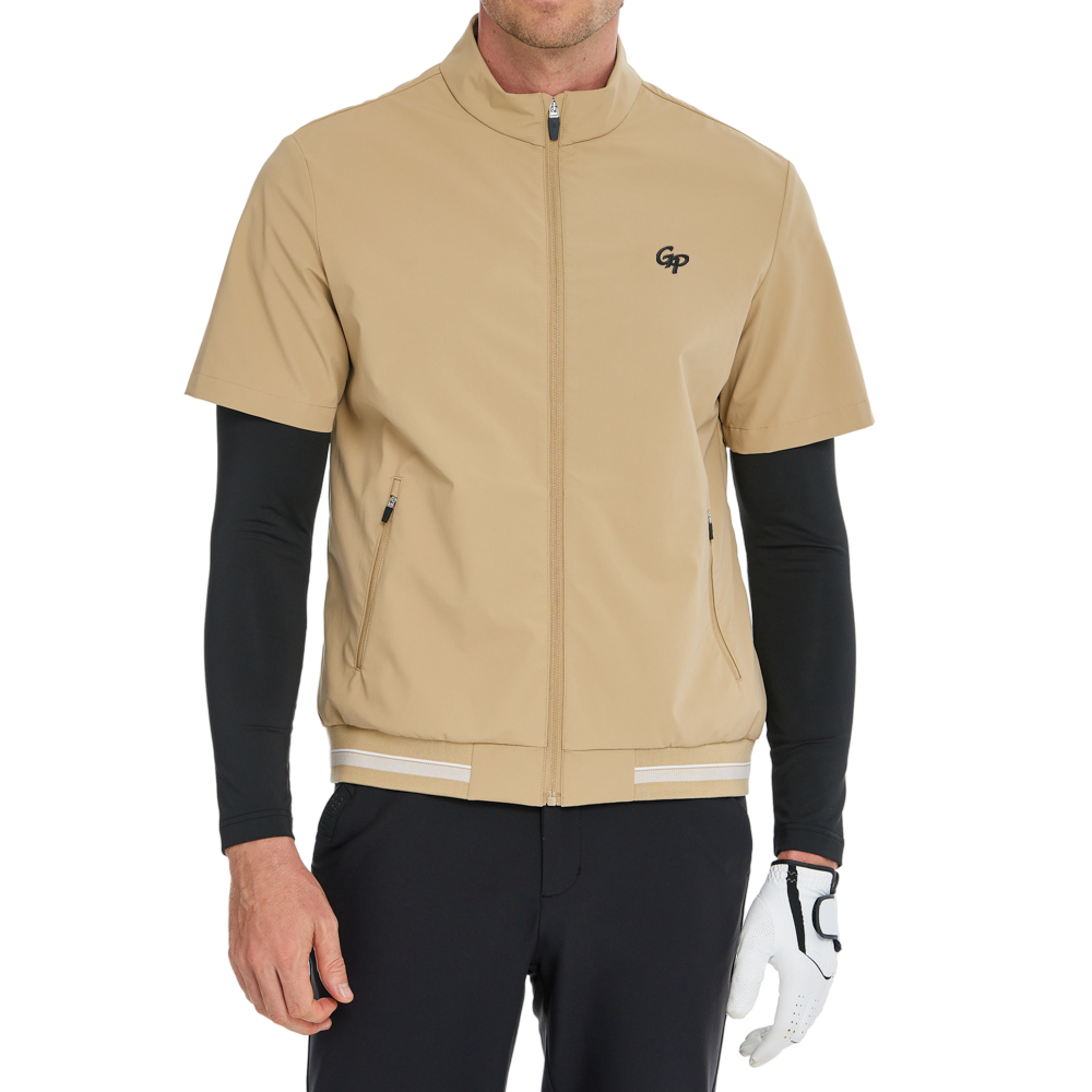 男輕薄防風防潑水半袖風衣(卡其)