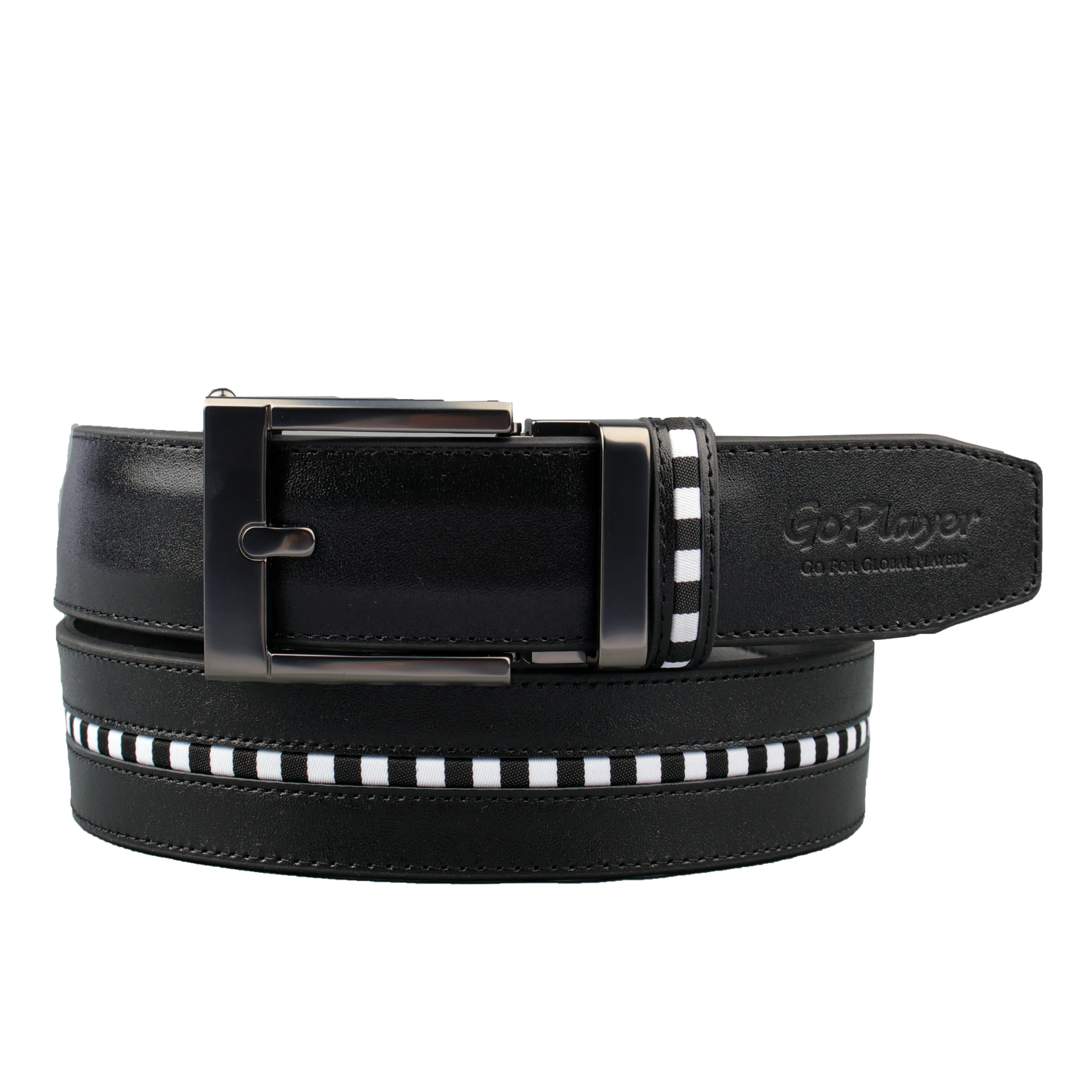 GoPlayer Wide Slide Buckle Balck Golf Belt (Black and White Checkered Stripes)